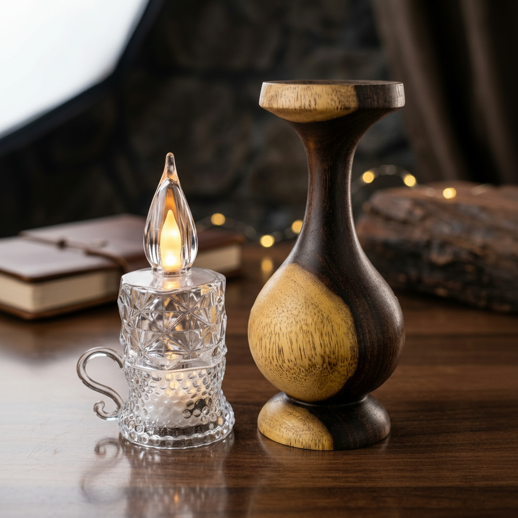 Wooden Hand Crafted Vase Shape Candle Stand with LED Candle