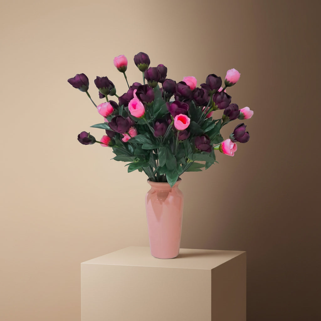 Salmon Pink Classic Ceramic Vase with 2 Bunches of Purple Flowers
