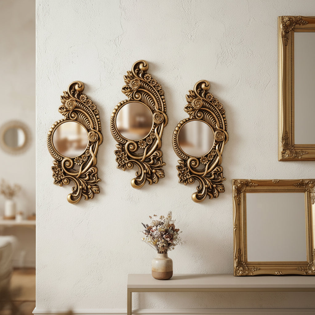 3-PCS Set of Antique Golden Floral Filigree frame with Mirror