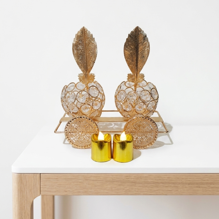2 Crystal Candle Holders on a Golden Metallic 4 Wheels Cart with Flameless Candles