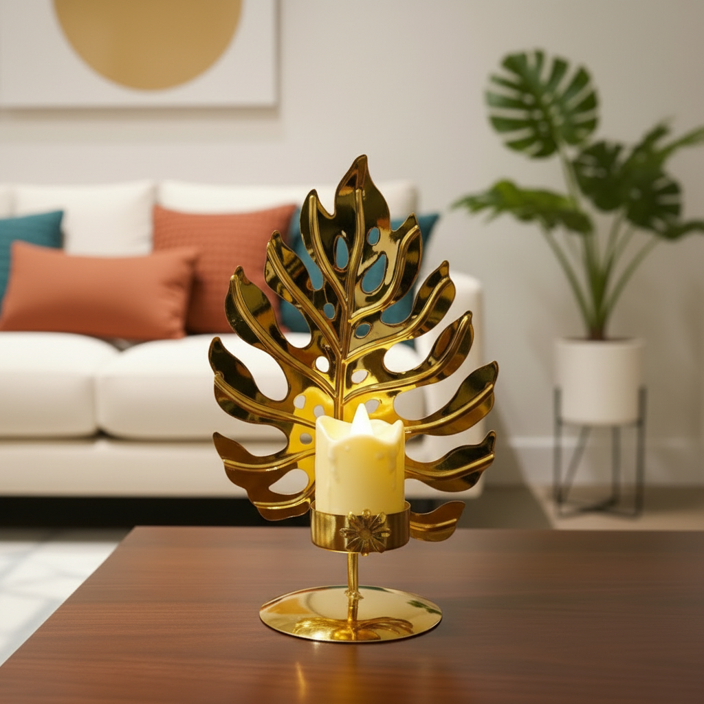 Golden Metallic Leaf Candle Stand with Flameless Candle