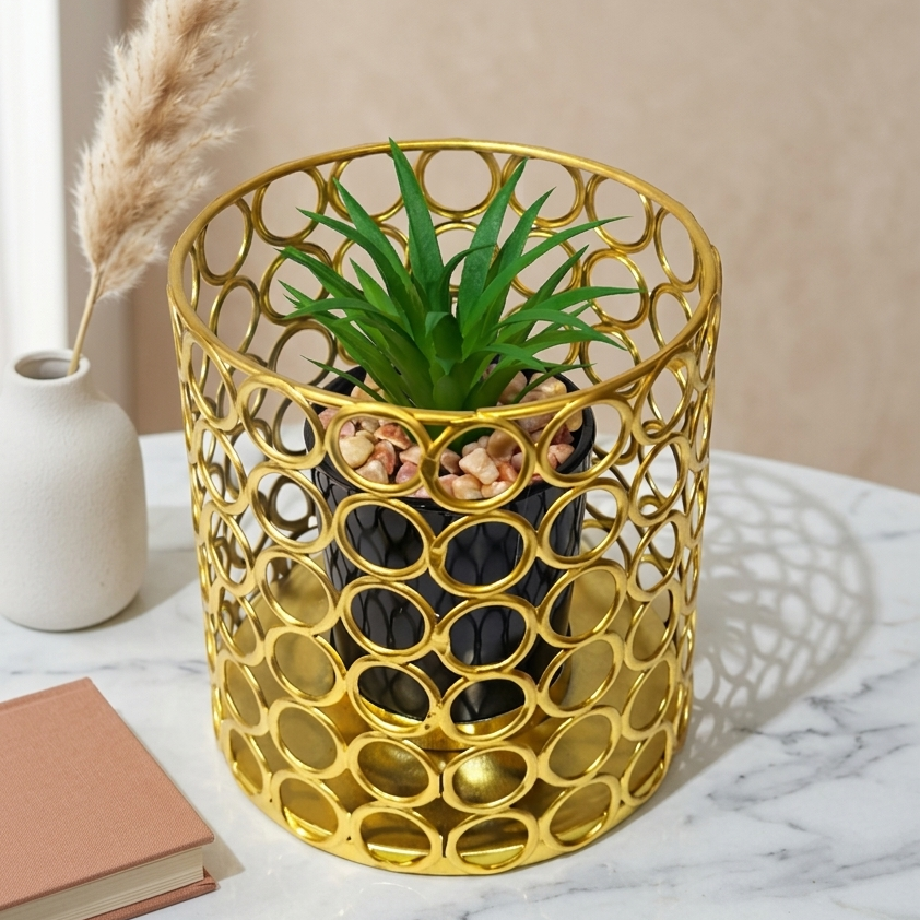 Cactus with Planter inside Golden Metallic Stand