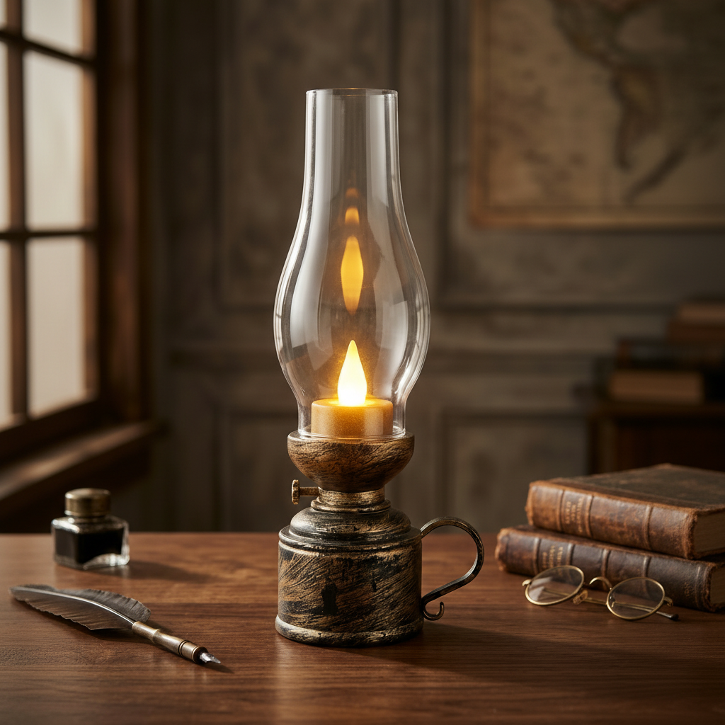 Antique Black Plastic Lantern with LED Candle surrounded by Transparent Plastic shade