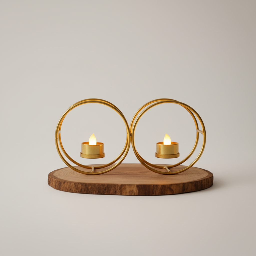 Golden Metallic Rings Style Candle Stand with 2 Golden LED Candles