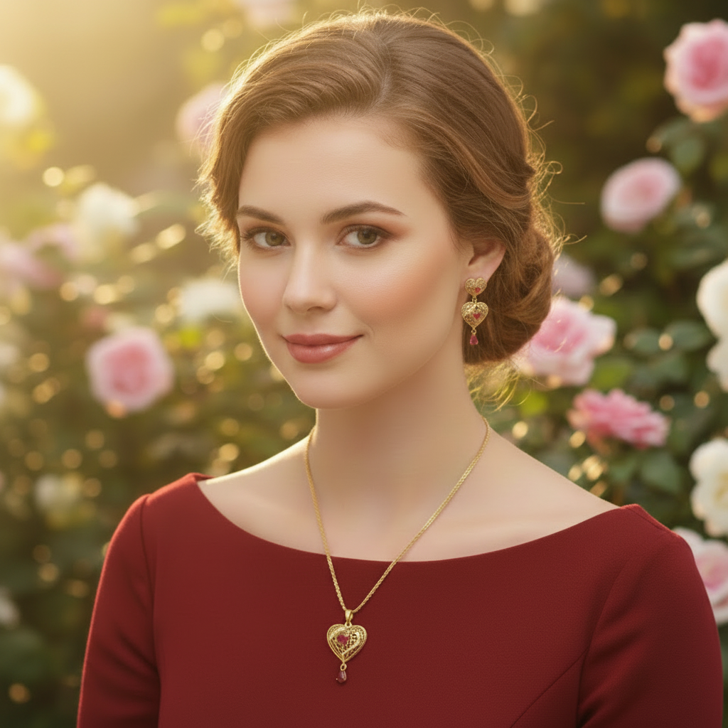 3-Pieces Set of Golden Heart Shape Locket & Earrings with Maroon Stones in Gift Packing