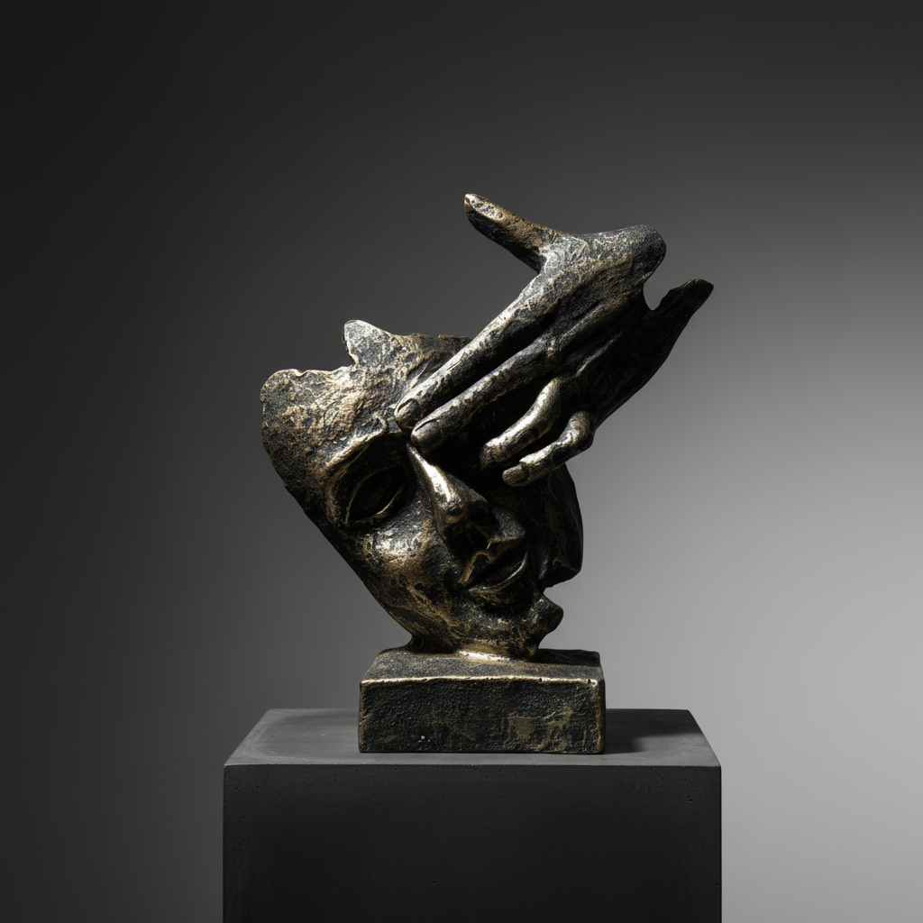 Golden-Black Vintage look Silent Face Sculpture with Hand on Eye & Forehead