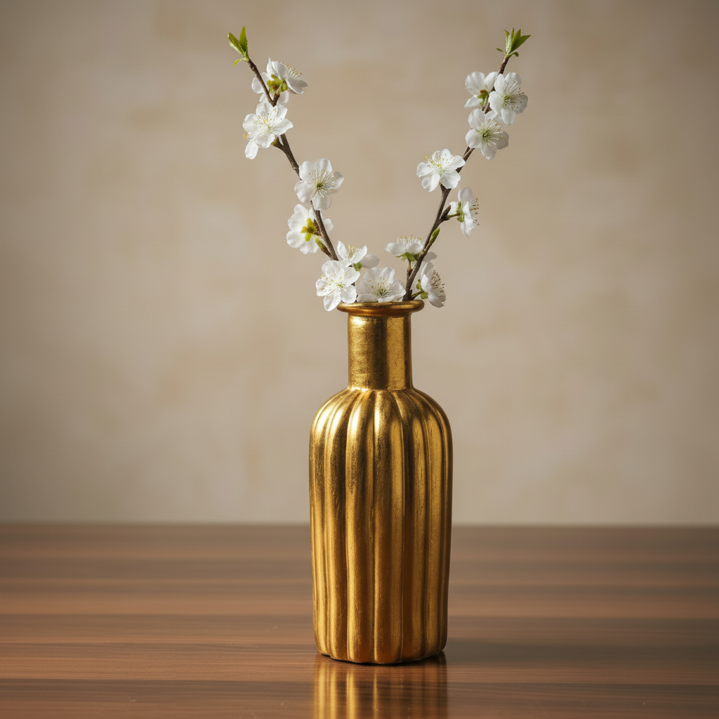 Golden Resin Vase Bottle Shape - Vertical Lines (without Flowers)