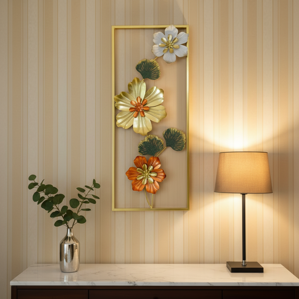 Golden Metallic Rectangular 3d Flowers Wall Décor