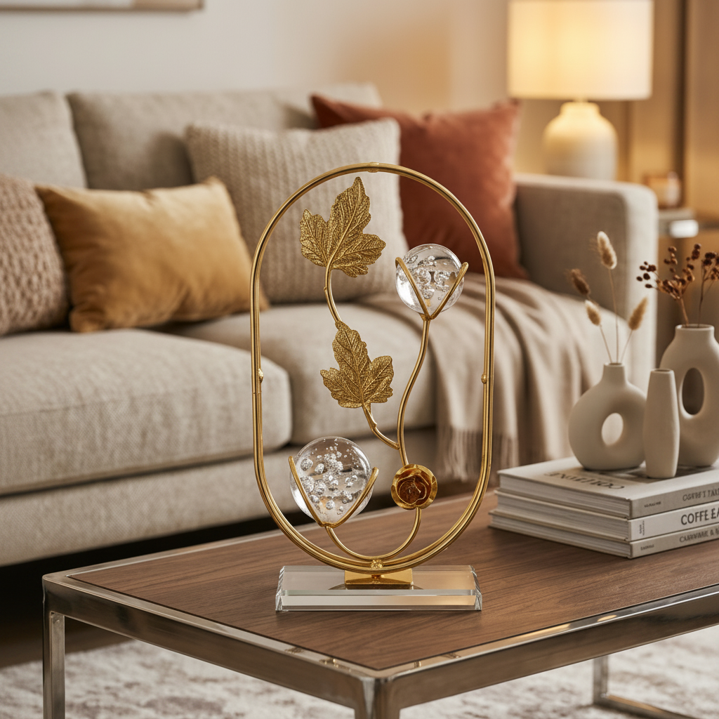 Golden Oval Shape Metallic Frame on Glass Platform with Leaves and Crystal Balls inside