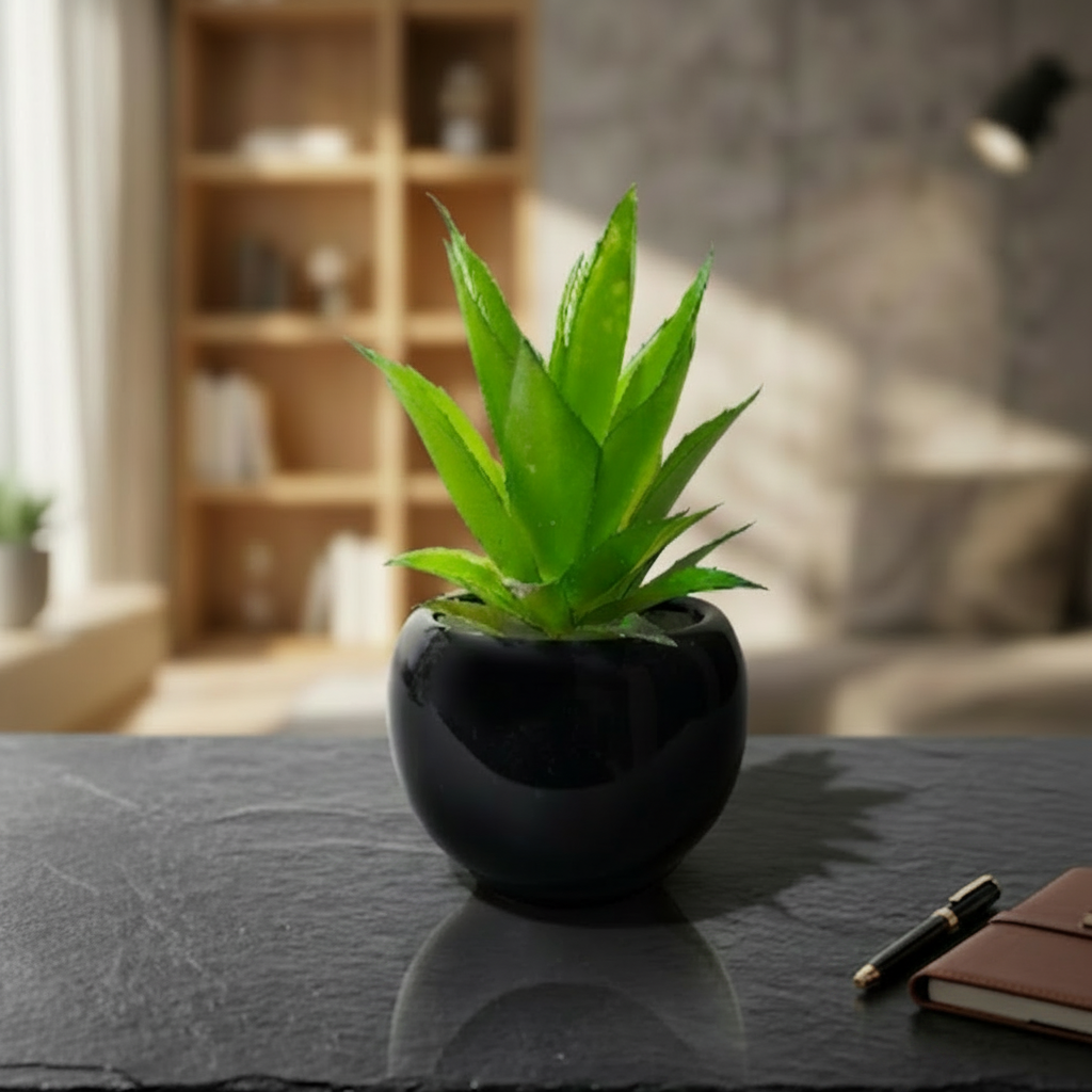 Black Ceramics Pot with artificial Cactus Plant