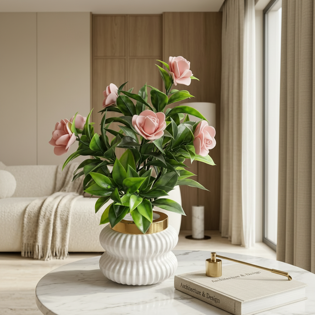 Peach Camellia-Style Blossoms and lush green foliage in a white, ribbed Plastic Pot