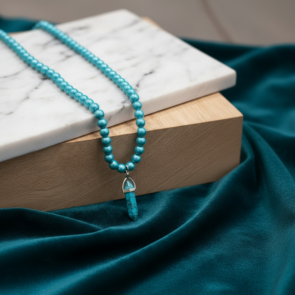Blue Pearls Necklace with Hexagonal Column Marble Charm in Gift Packing