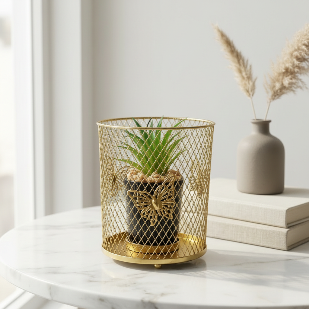 Cactus with Planter inside Golden Metallic Stand
