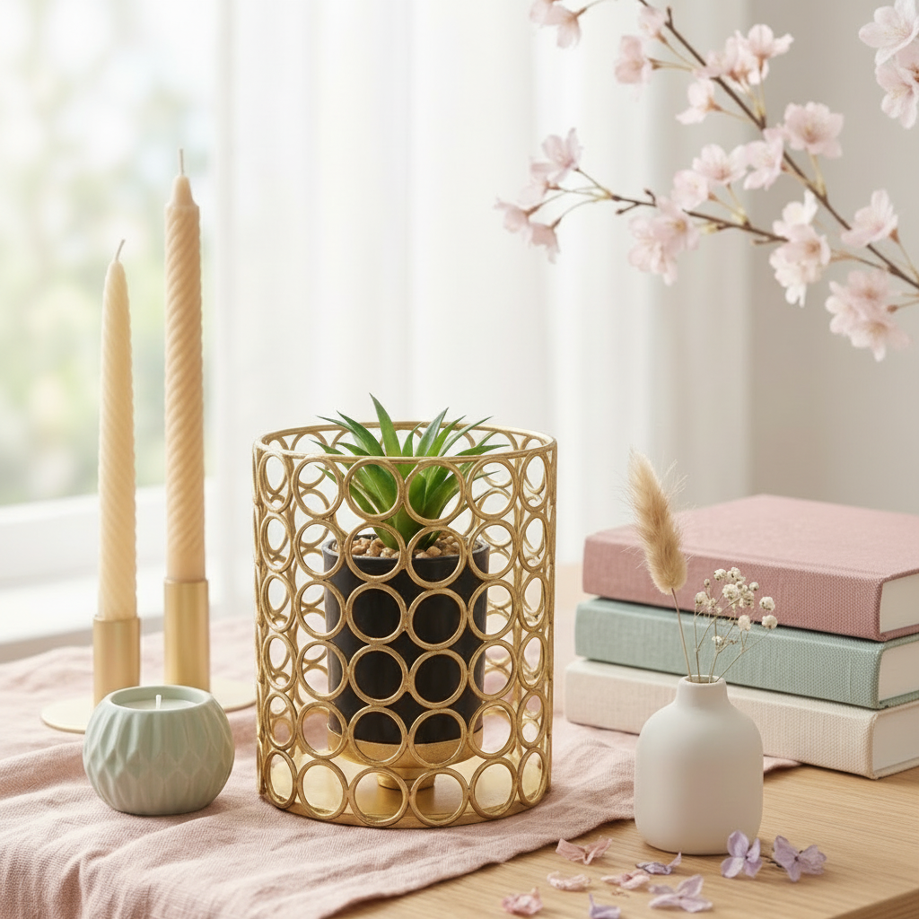 Cactus with Planter inside Golden Metallic Stand