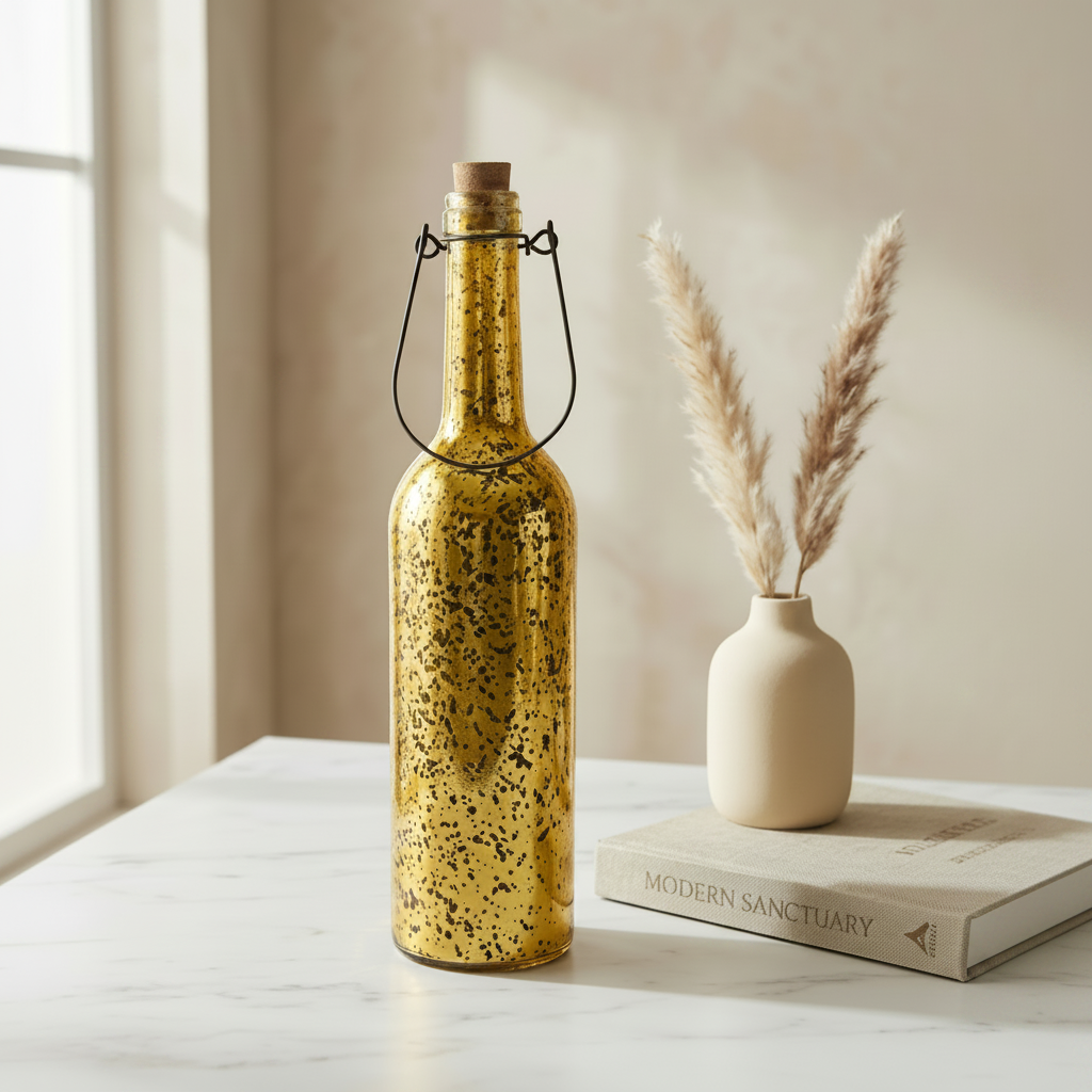 Golden Glass Bottle with Cork at opening and LED Stary String Lights inside