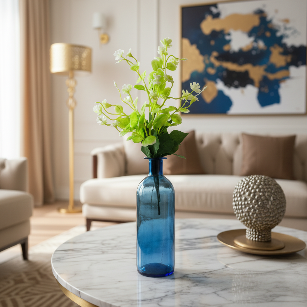 Blue Glass Bottle Vase with Bunch of White Flowers
