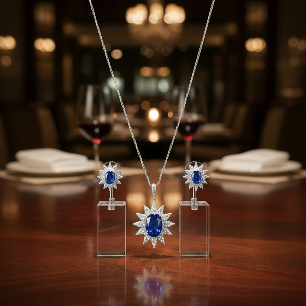 3-Pieces Set of Oval Simulated Sapphire Sterling Silver Locket with Earrings in Gift Packing