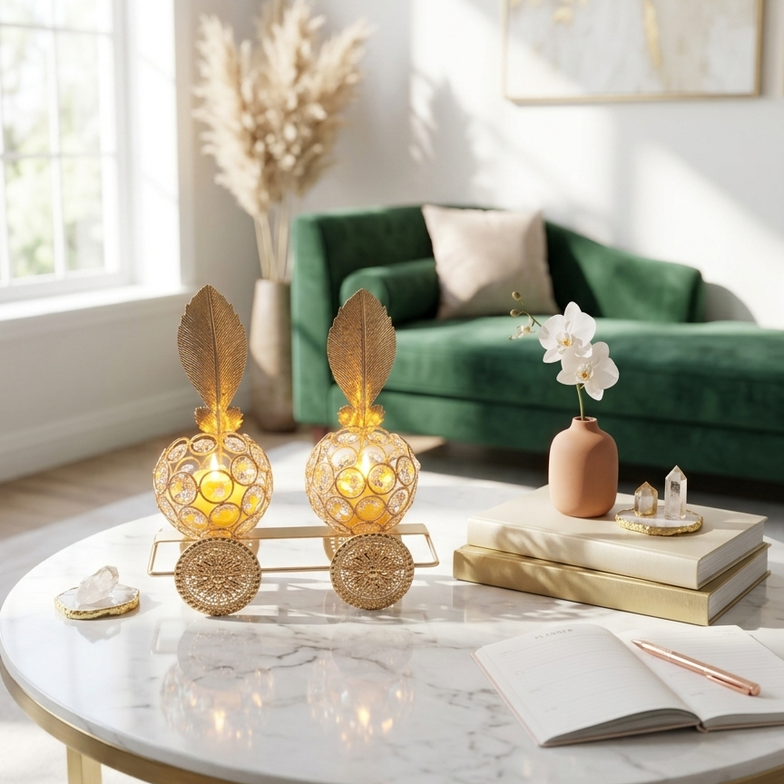 2 Crystal Candle Holders on a Golden Metallic 4 Wheels Cart with Flameless Candles