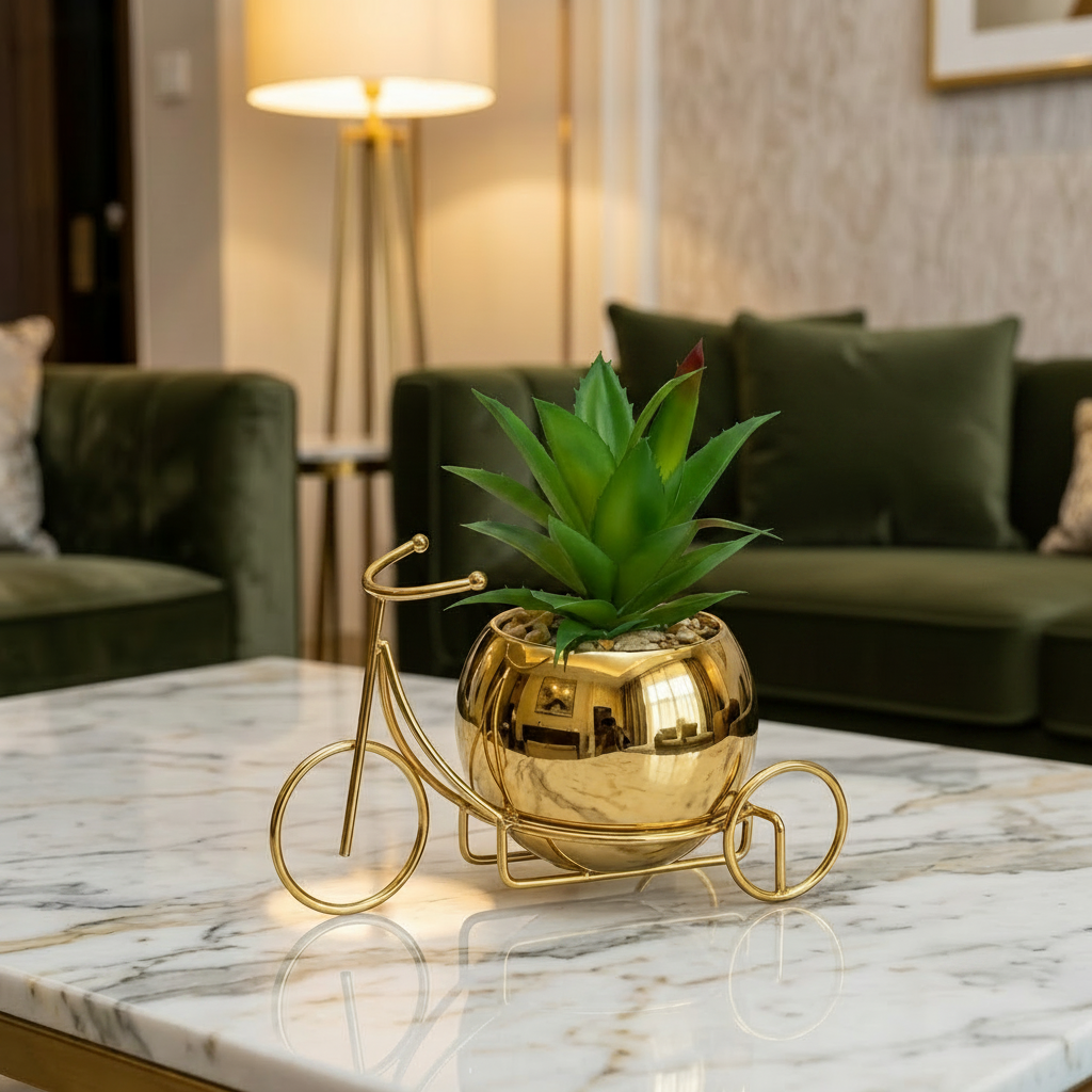 Classic Golden Ceramic Pot with Cactus Plant on Metallic Bicycle
