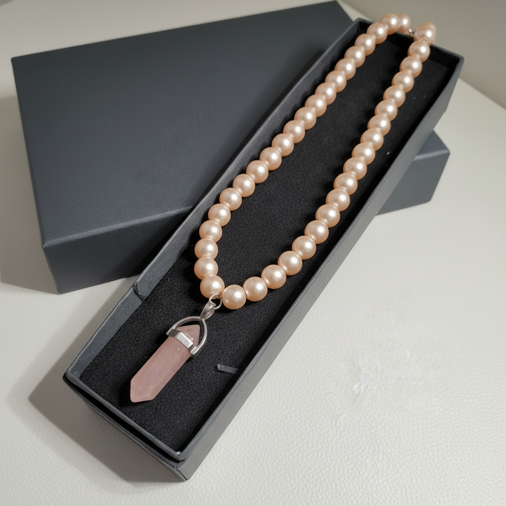 Peach Pearls Necklace with Hexagonal Column Marble Charm in Gift Packing