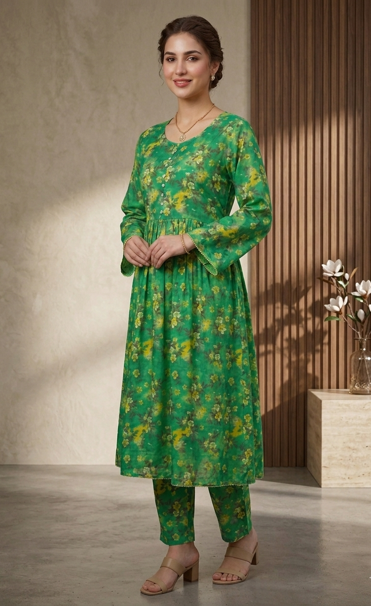 2-Pcs Printed Lawn Suit (Frock Style Shirt & matching Trouser) -Stitched
