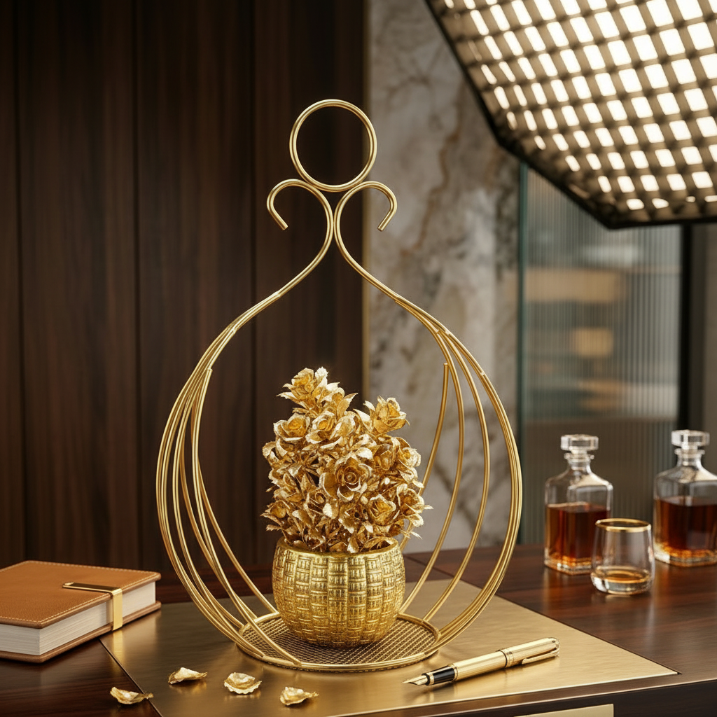 Golden Metallic Stand with Golden Plant inside Golden Pot
