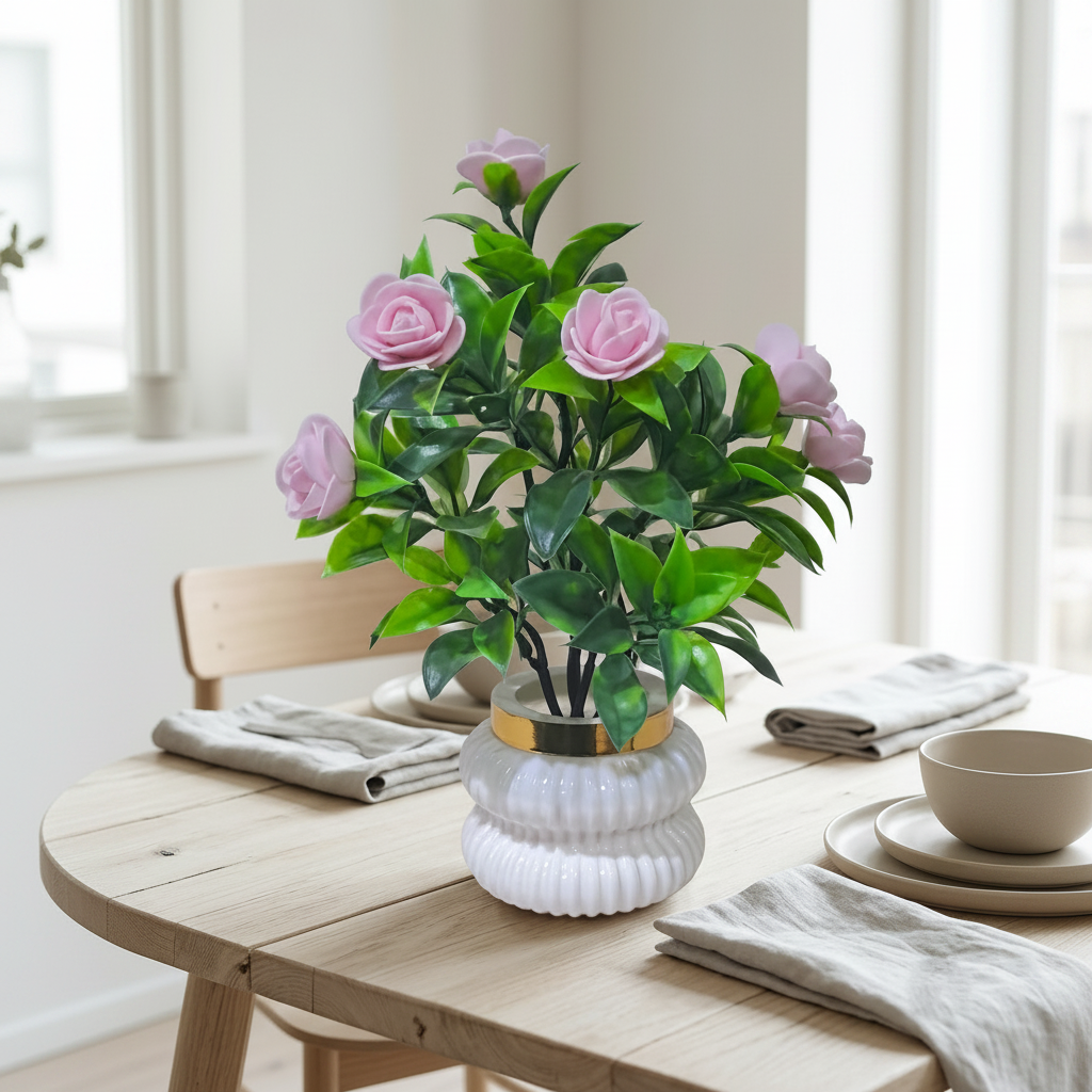 Pink Camellia-Style Blossoms and lush green foliage in a white, ribbed Plastic Pot