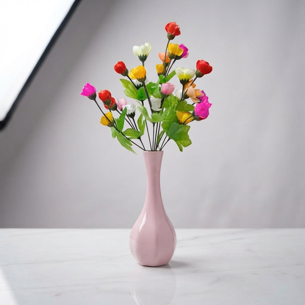 Pink narrow Neck Bud Ceramic Vase with a Bunch of Artificial Multicolour Rosebuds