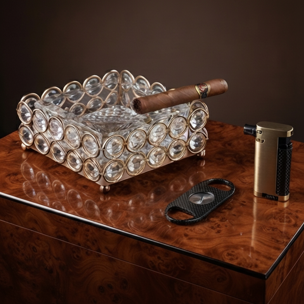 Glass Ashtray in a Golden Metallic Crystal Beaded Stand