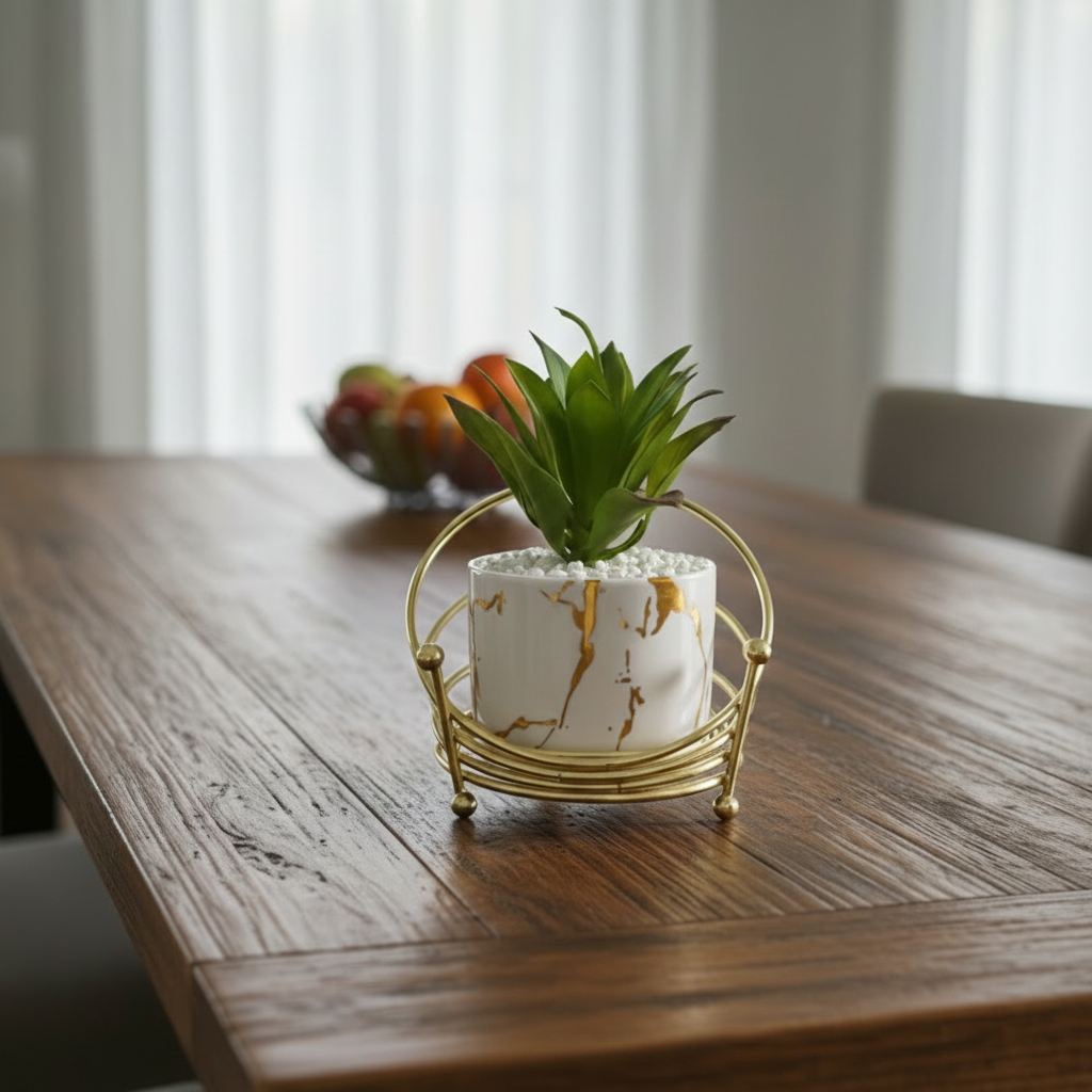 White Ceramic Pot with Cactus Plant on an oval shaped Golden Metallic Stand