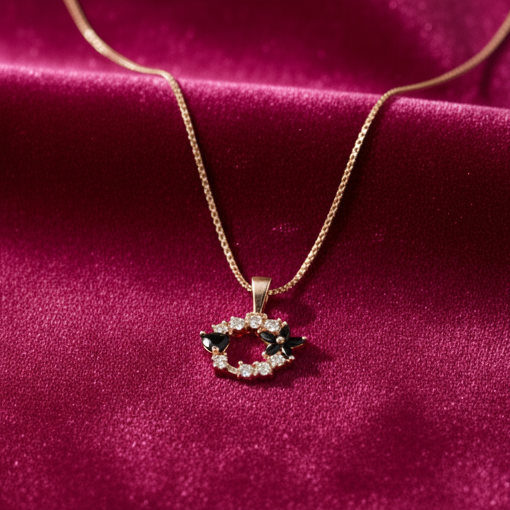 Golden with Black Heart & Flower shape Stones in Charm Locket in Gift Packing