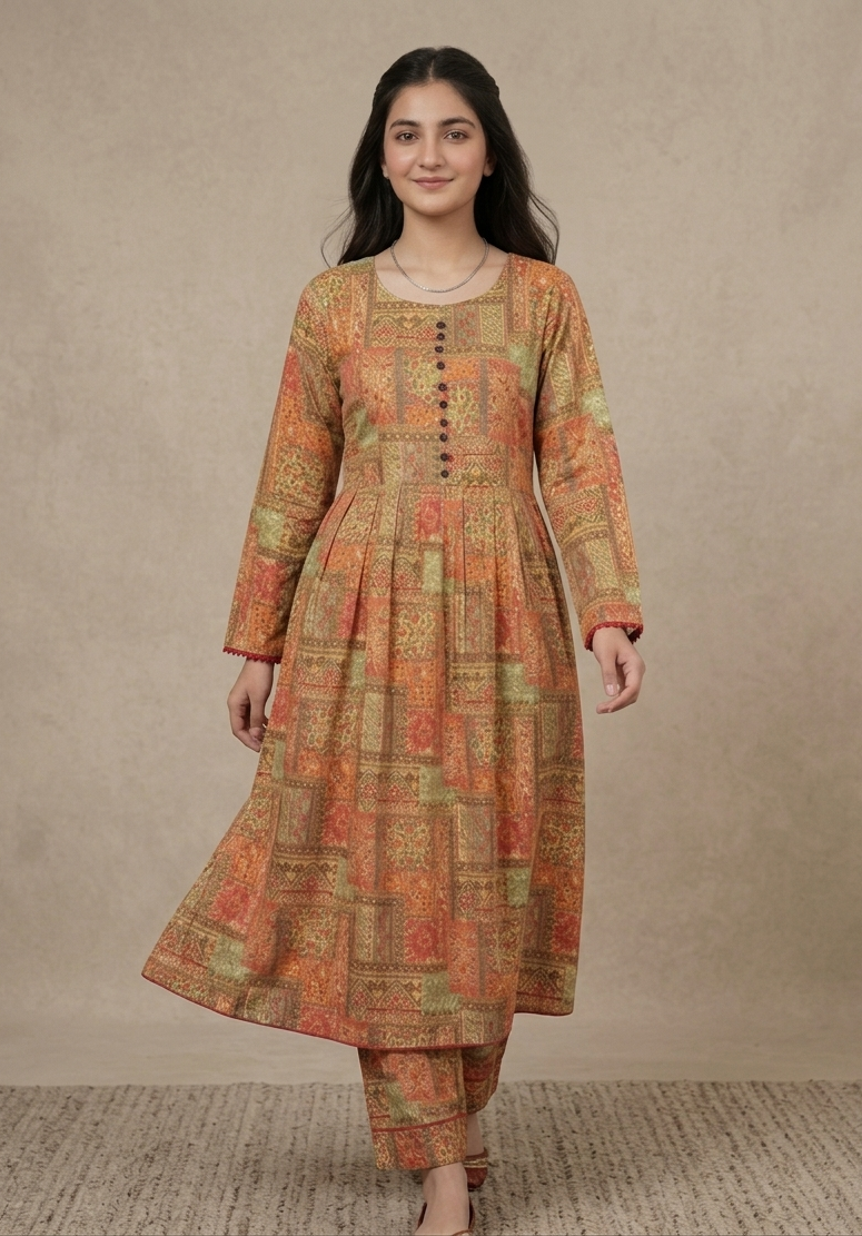 2-Pcs Printed Lawn Suit (Frock Style Shirt & matching Trouser) -Stitched