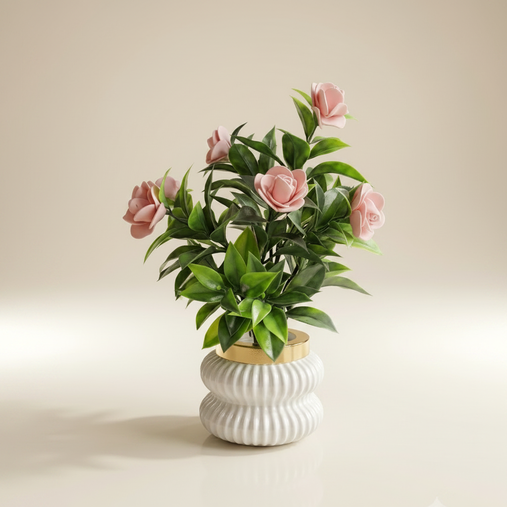 Peach Camellia-Style Blossoms and lush green foliage in a white, ribbed Plastic Pot