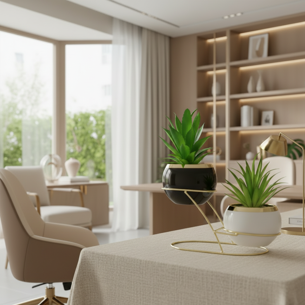 Black & White Ceramic Pots with artificial Cactus Plants on Golden Metallic Stand