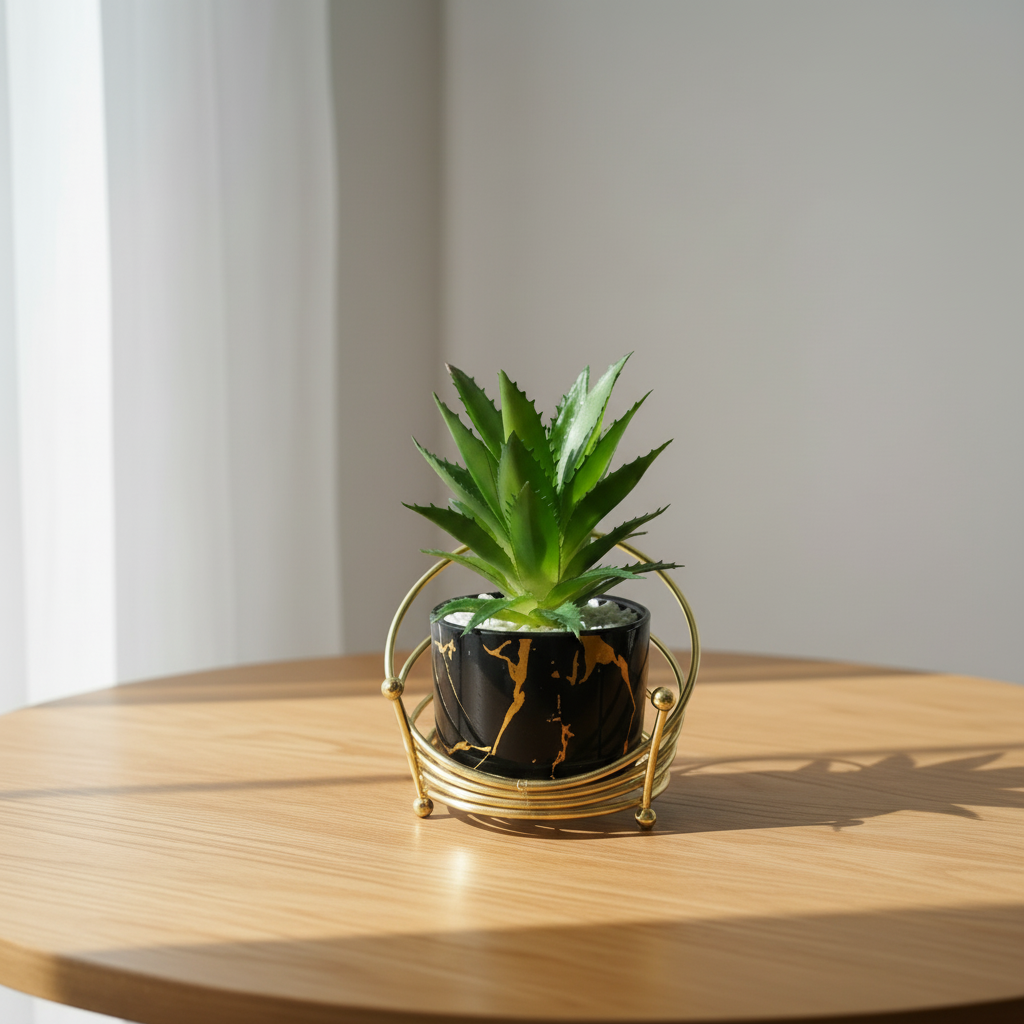 Black Ceramic Pot with Cactus Plant on an oval shaped Golden Metallic Stand