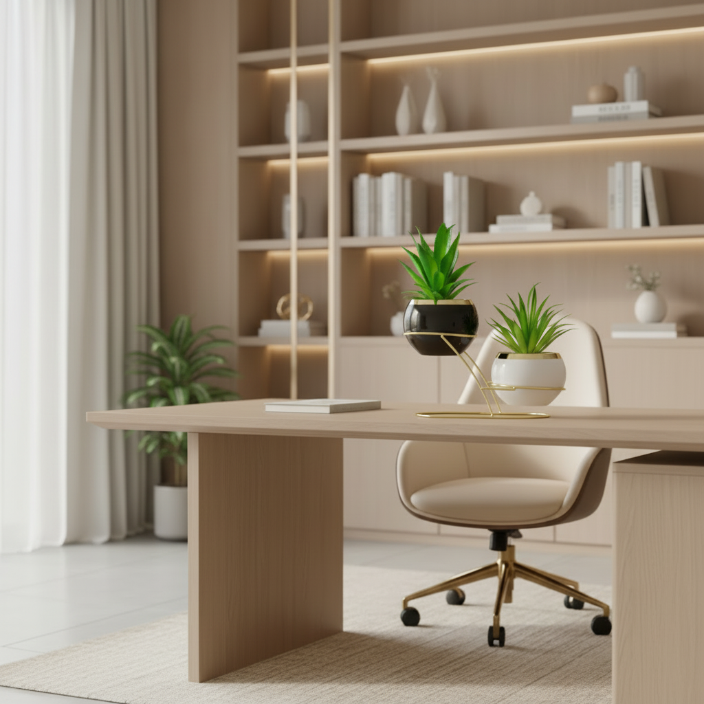 Black & White Ceramic Pots with artificial Cactus Plants on Golden Metallic Stand