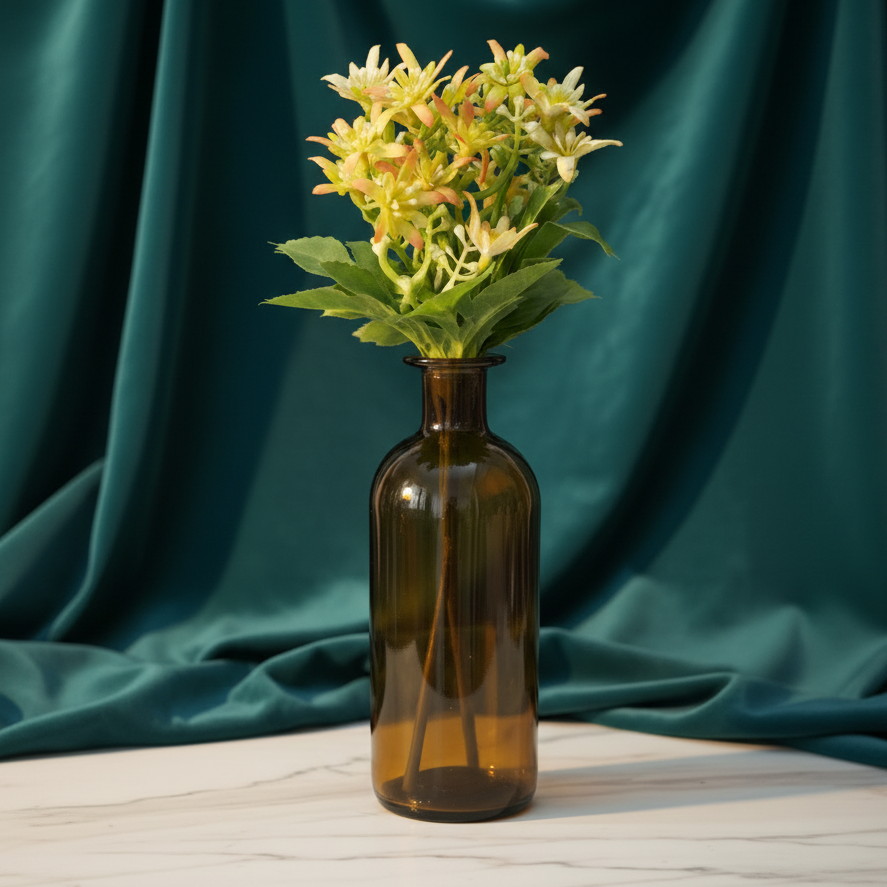 Brown Glass Bottle Vase with Bunch of Yellow Flowers