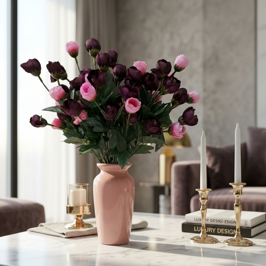 Salmon Pink Classic Ceramic Vase with 2 Bunches of Purple Flowers