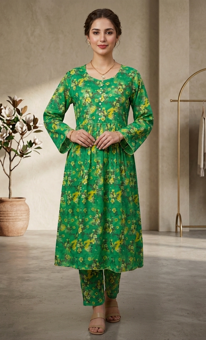 2-Pcs Printed Lawn Suit (Frock Style Shirt & matching Trouser) -Stitched