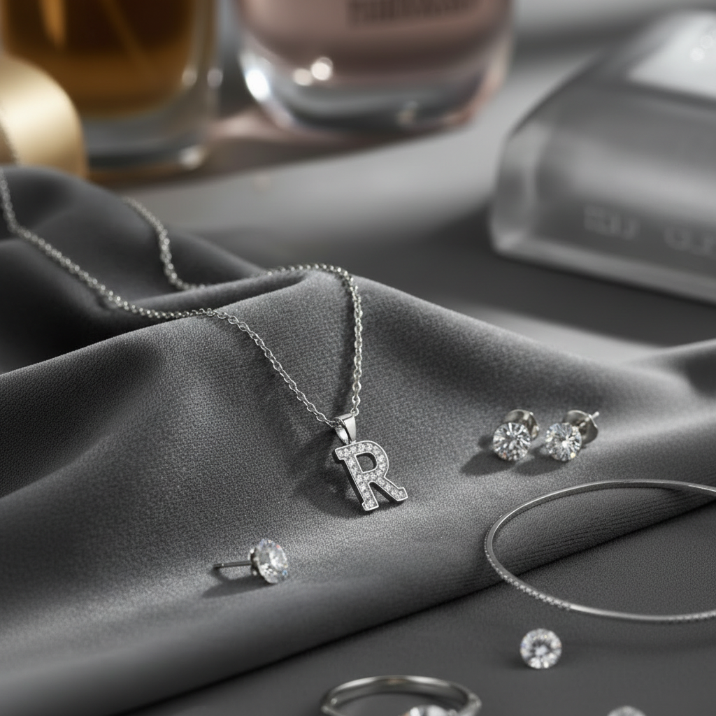 Crystal Beaded Silver Alphabet “R” Charm Locket in Gift Packing