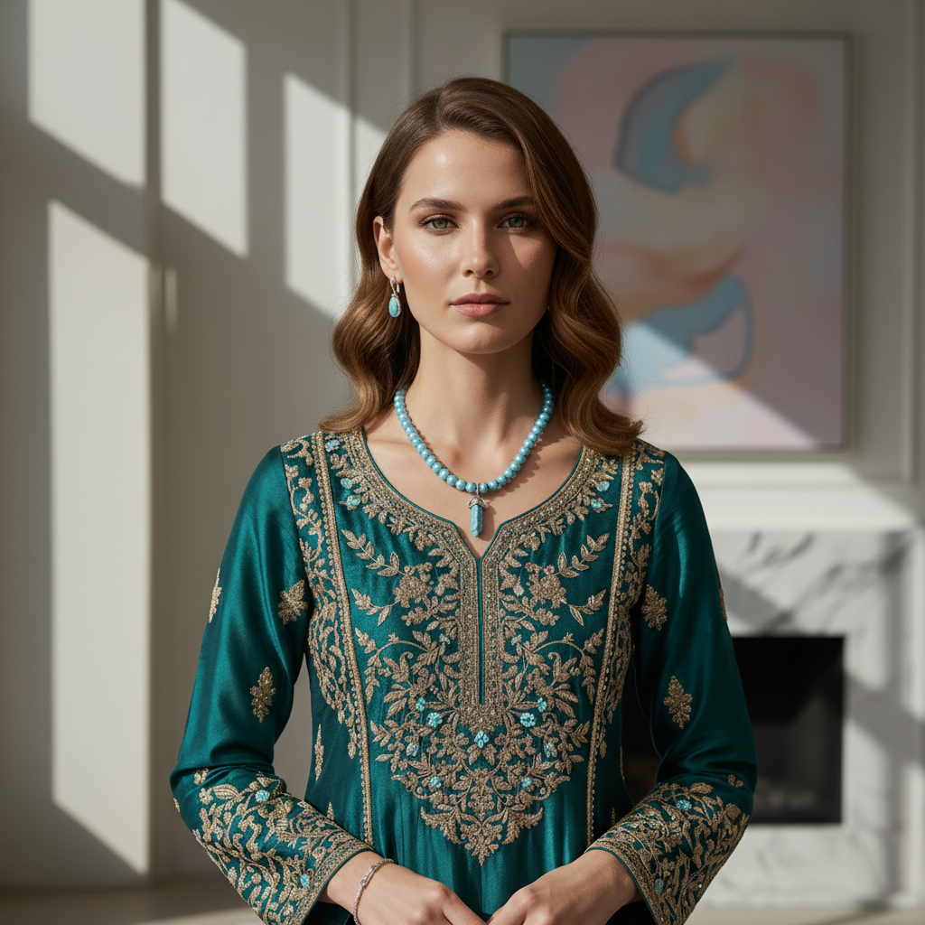 Blue Pearls Necklace with Hexagonal Column Marble Charm in Gift Packing