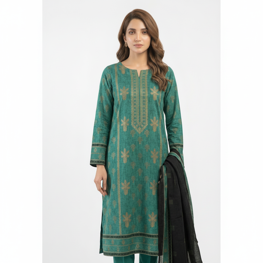 3-Pcs Printed & Embroidered Lawn Suit (Stitched)