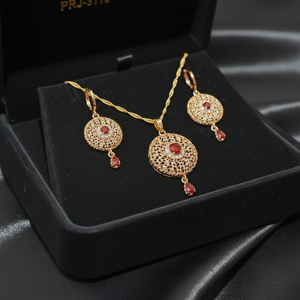 3-Pieces Set of Golden Locket & Earrings with Maroon Stones in Gift Packing