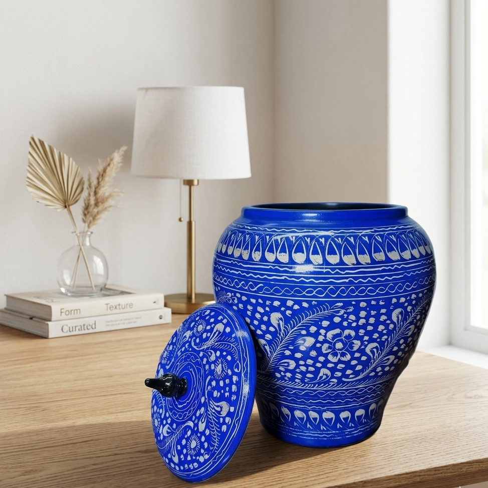 Wooden Artistic Naqshi Candy Jar (Blue Pottery)