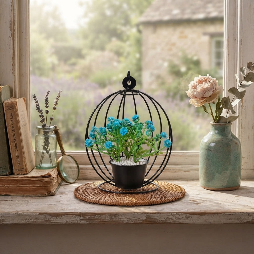 Artificial Flower Pot with Blue Blooms in hanging Chair on Black Metallic Stand