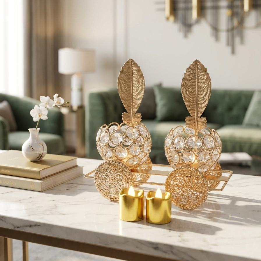 2 Crystal Candle Holders on a Golden Metallic 4 Wheels Cart with Flameless Candles