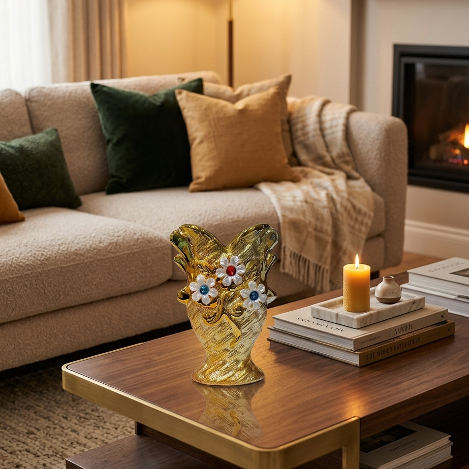 Golden Ceramic Vases decorated with Gemstones