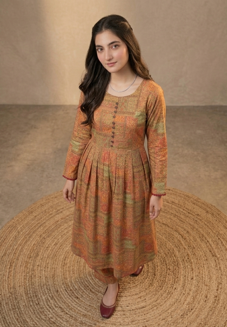 2-Pcs Printed Lawn Suit (Frock Style Shirt & matching Trouser) -Stitched