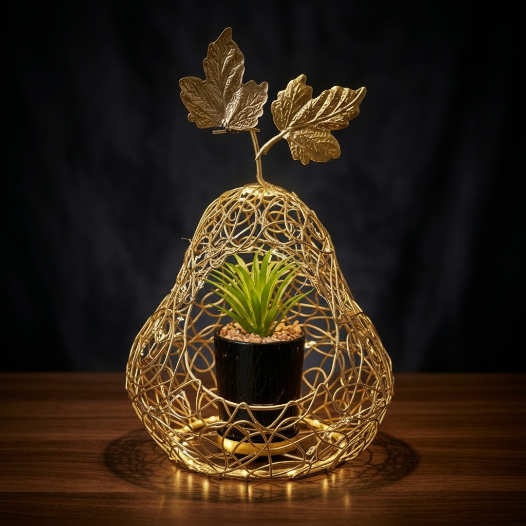 Classic Black Ceramic Pot with Cactus Plant inside Peer Shape Metallic Cage