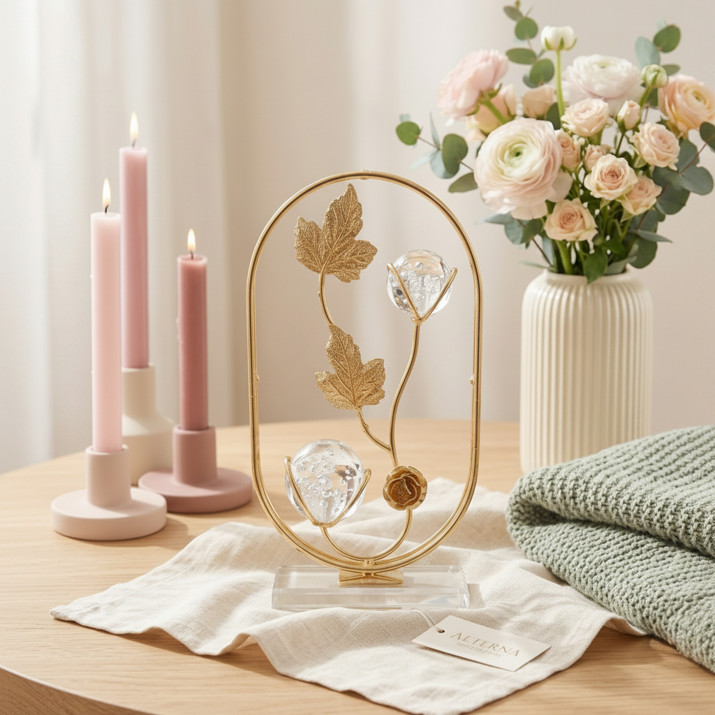 Golden Oval Shape Metallic Frame on Glass Platform with Leaves and Crystal Balls inside